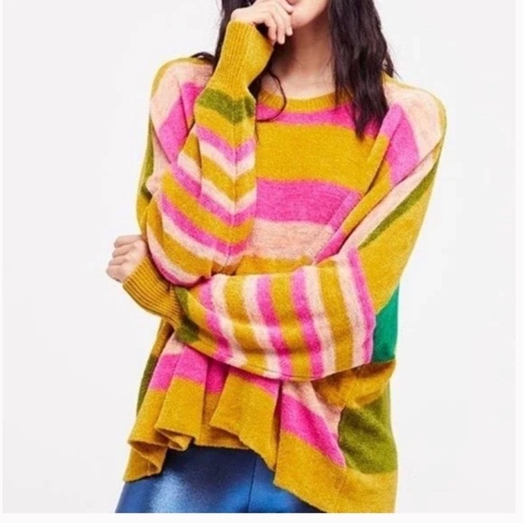 Free People All About You Stripe Chenille Sweater in Multi Size XS Pink Green - Picture 1 of 10